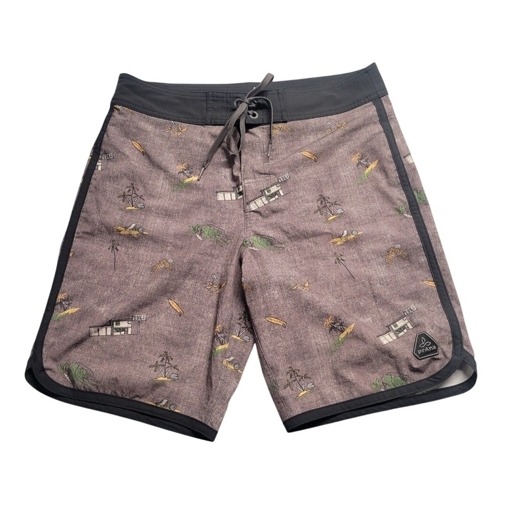 Prana Mens High Seas Board Shorts Brown Surf Novelty Print Swim Trunks Size 30